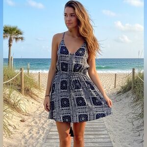 Sea Gypsies Navy and White Patterned Flowy Mini Dress - Size S - NWOT